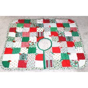 Handmade Quilt Christmas Tree Skirt Red Green 40x40" Reversible Design w/ Ruffle